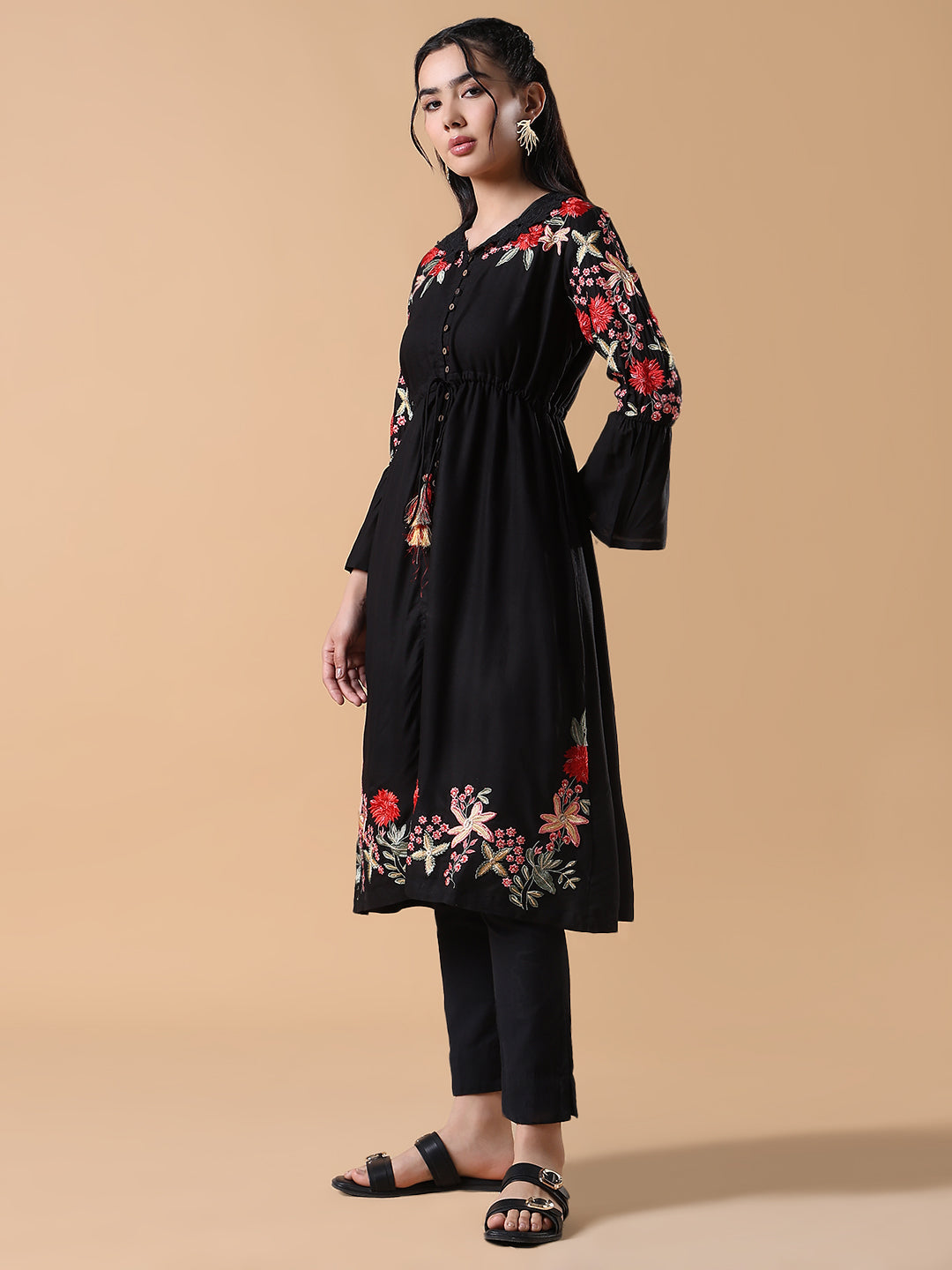 Women Black Embroidered Floral A-Line Kurta