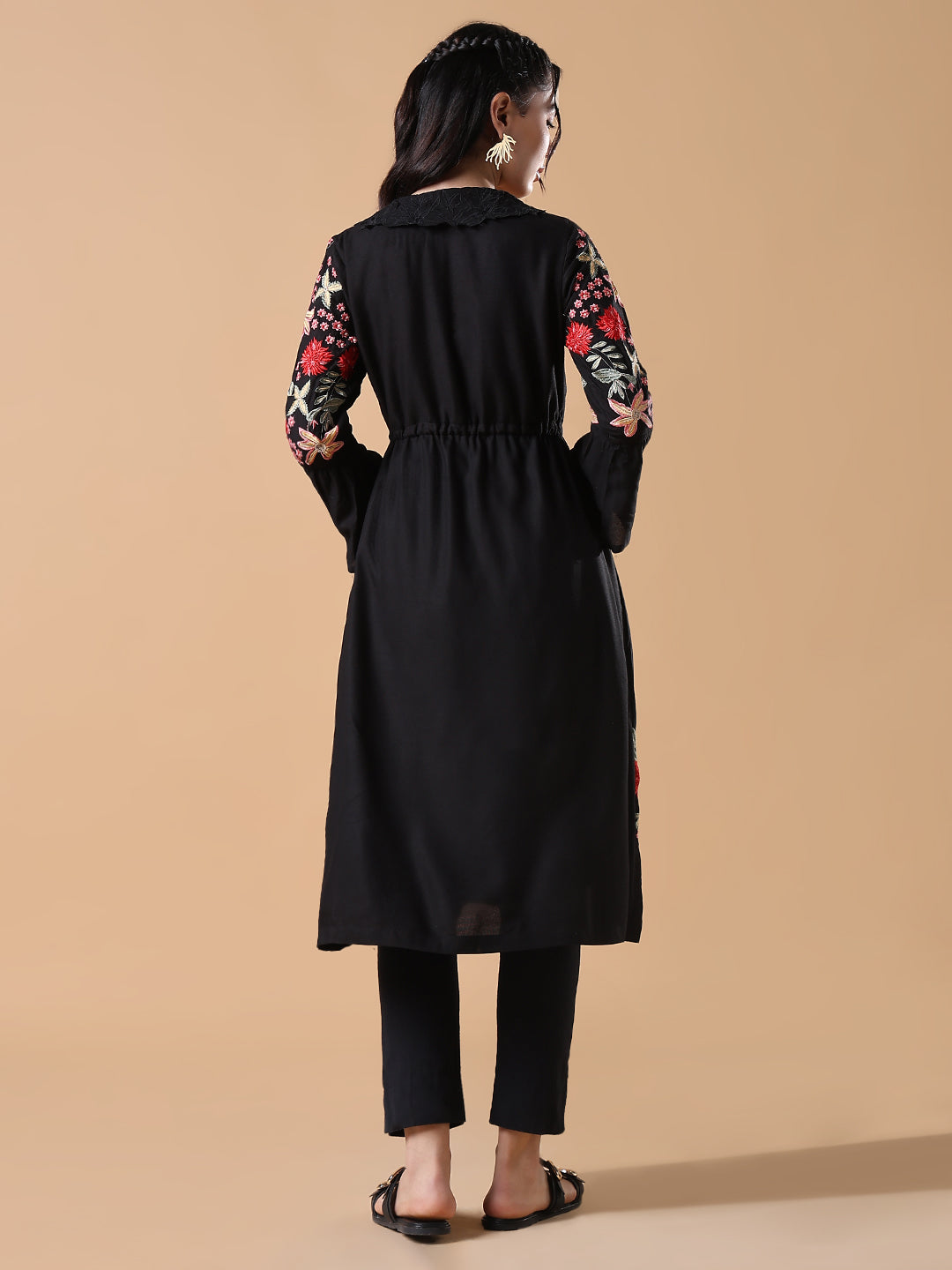 Women Black Embroidered Floral A-Line Kurta