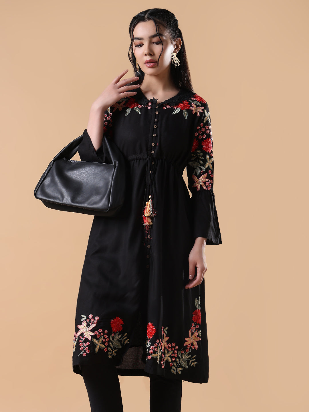 Women Black Embroidered Floral A-Line Kurta