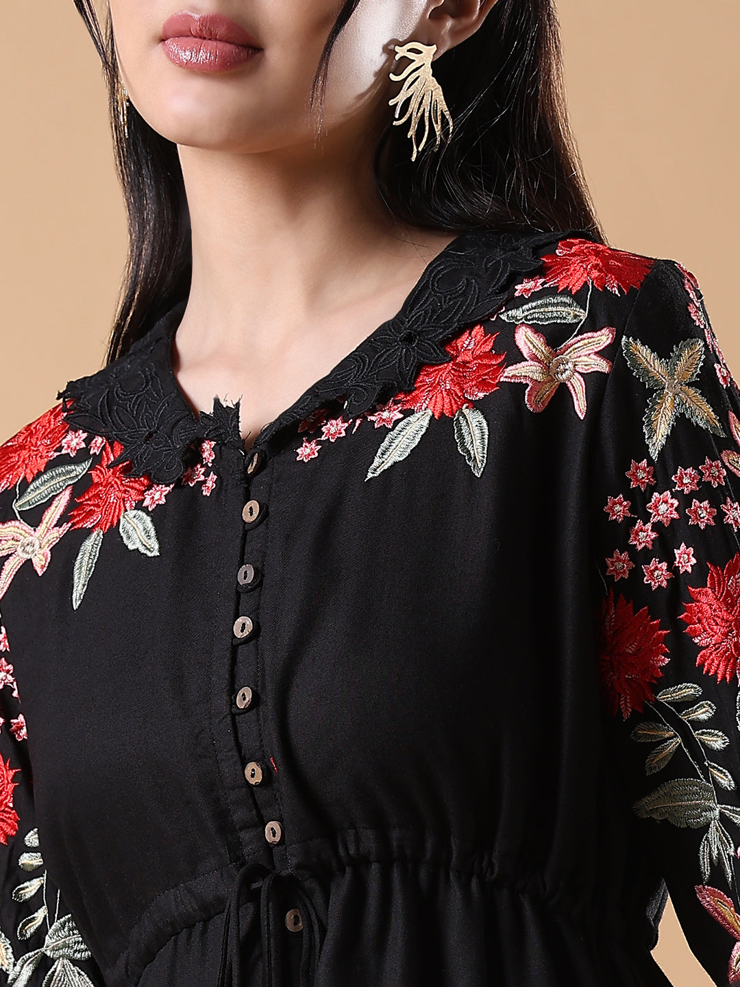 Women Black Embroidered Floral A-Line Kurta