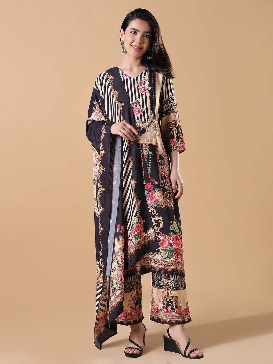 Women Floral Straight Multicolored Kurta Set with Dupatta