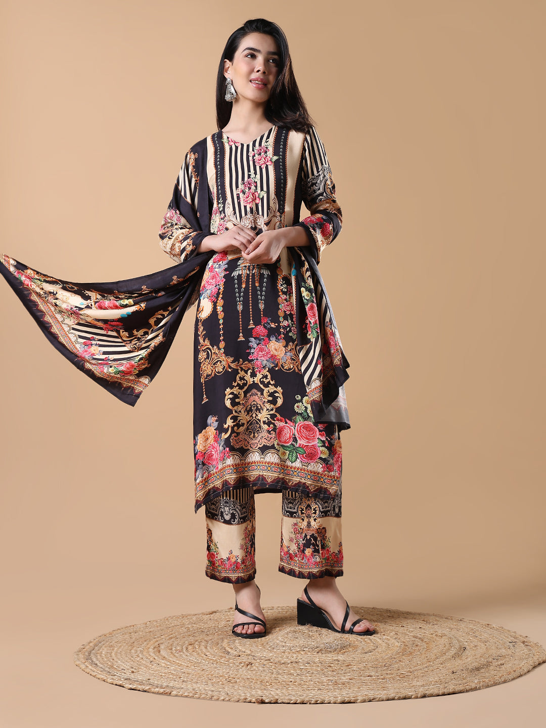 Women Floral Straight Multicolored Kurta Set with Dupatta