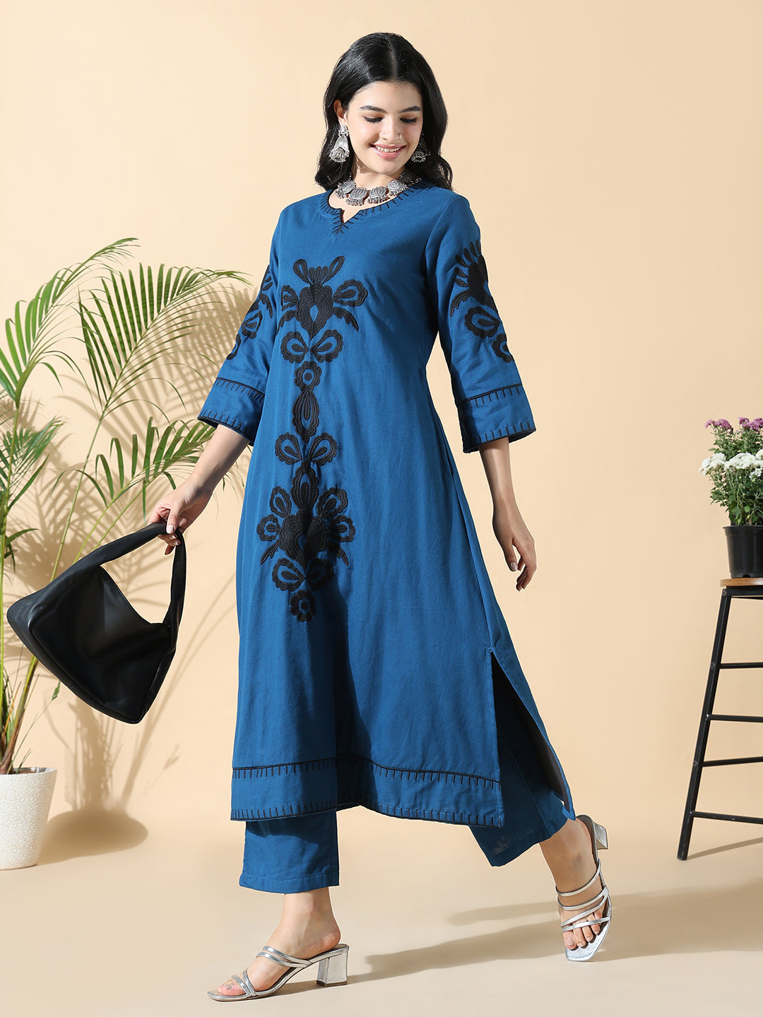 Women Cotton Embroidered Floral A-Line Blue Kurta Set