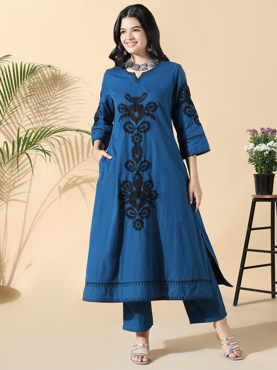 Women Cotton Embroidered Floral A-Line Blue Kurta Set