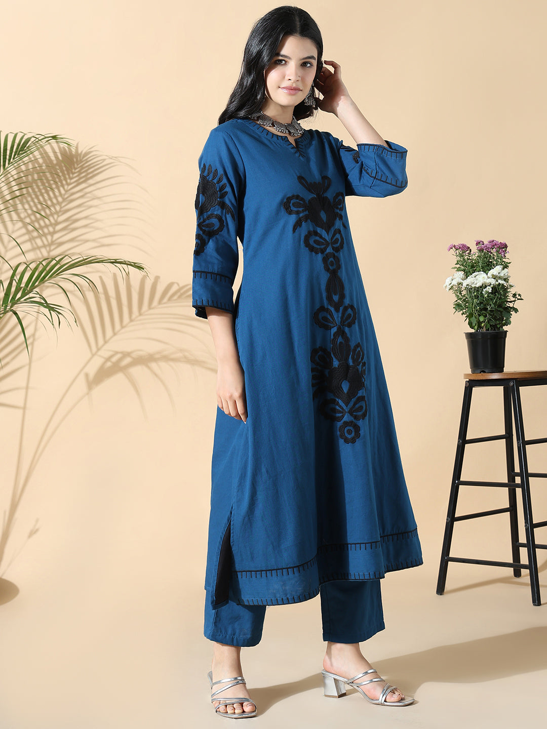 Women Cotton Embroidered Floral A-Line Blue Kurta Set