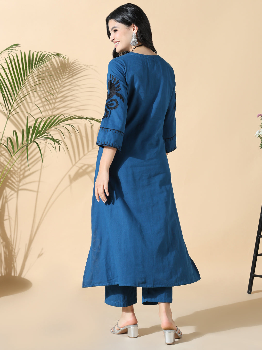 Women Cotton Embroidered Floral A-Line Blue Kurta Set