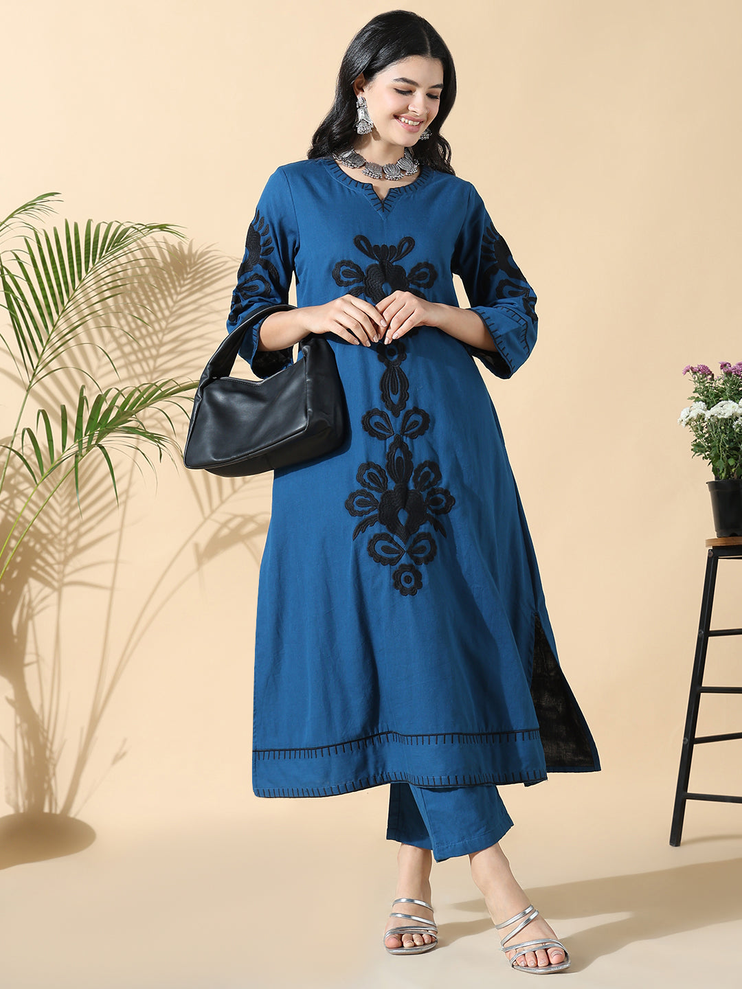 Women Cotton Embroidered Floral A-Line Blue Kurta Set