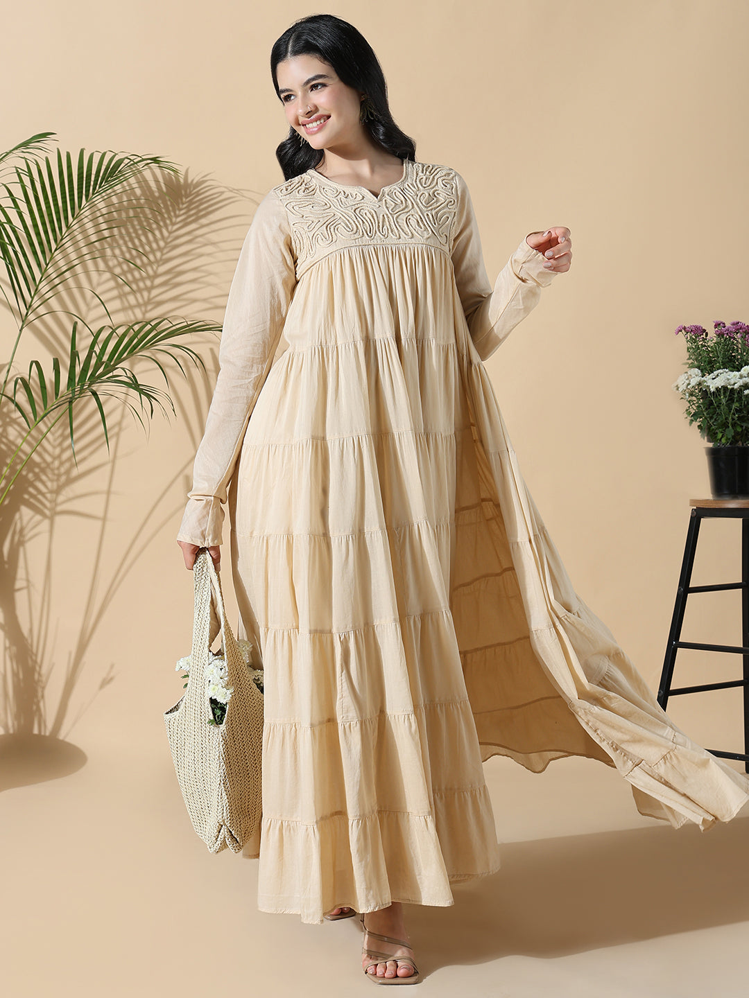 Women Beige Solid Cotton Anarkali Kurta with Inner