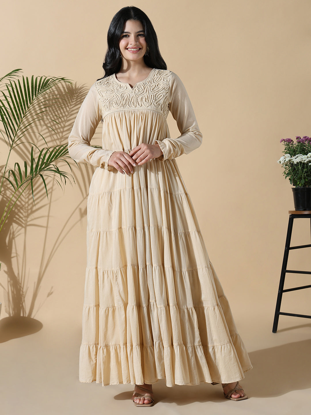 Women Beige Solid Cotton Anarkali Kurta with Inner