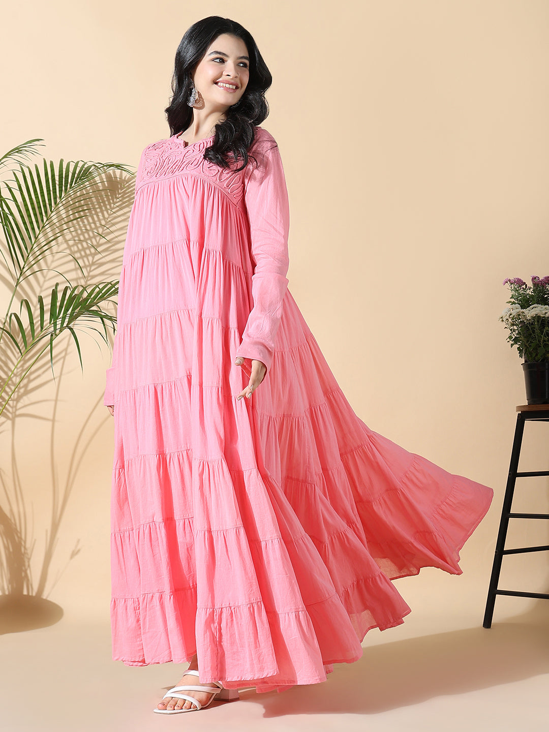 Women Pink Solid Cotton Anarkali Kurta with Inner