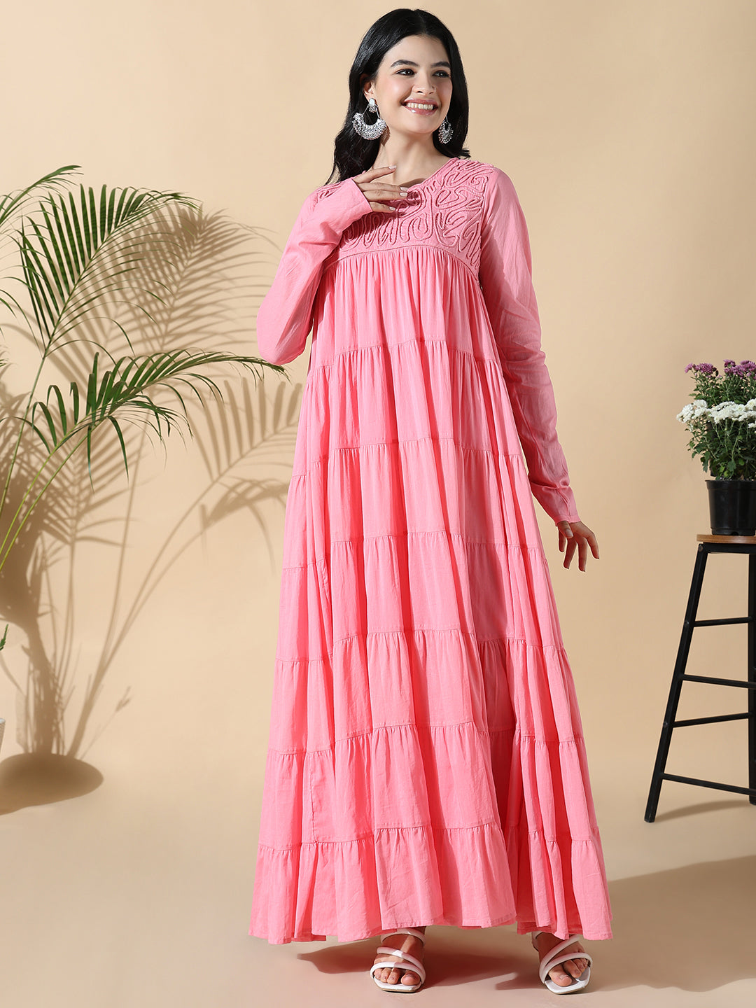 Women Pink Solid Cotton Anarkali Kurta with Inner