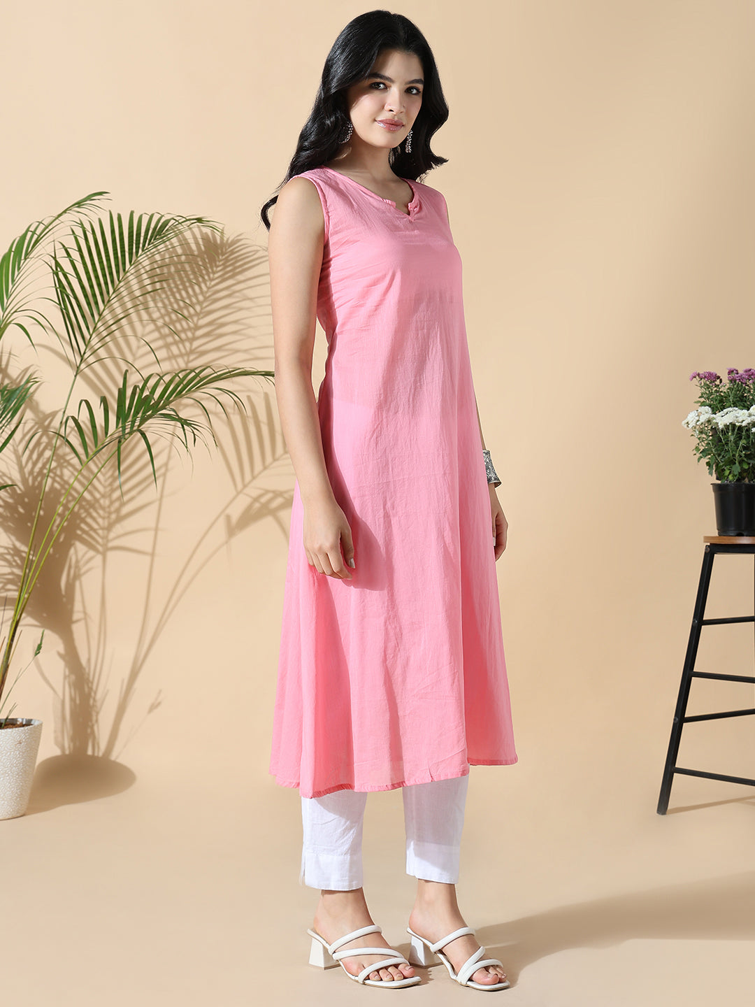 Women Pink Solid Cotton Anarkali Kurta with Inner