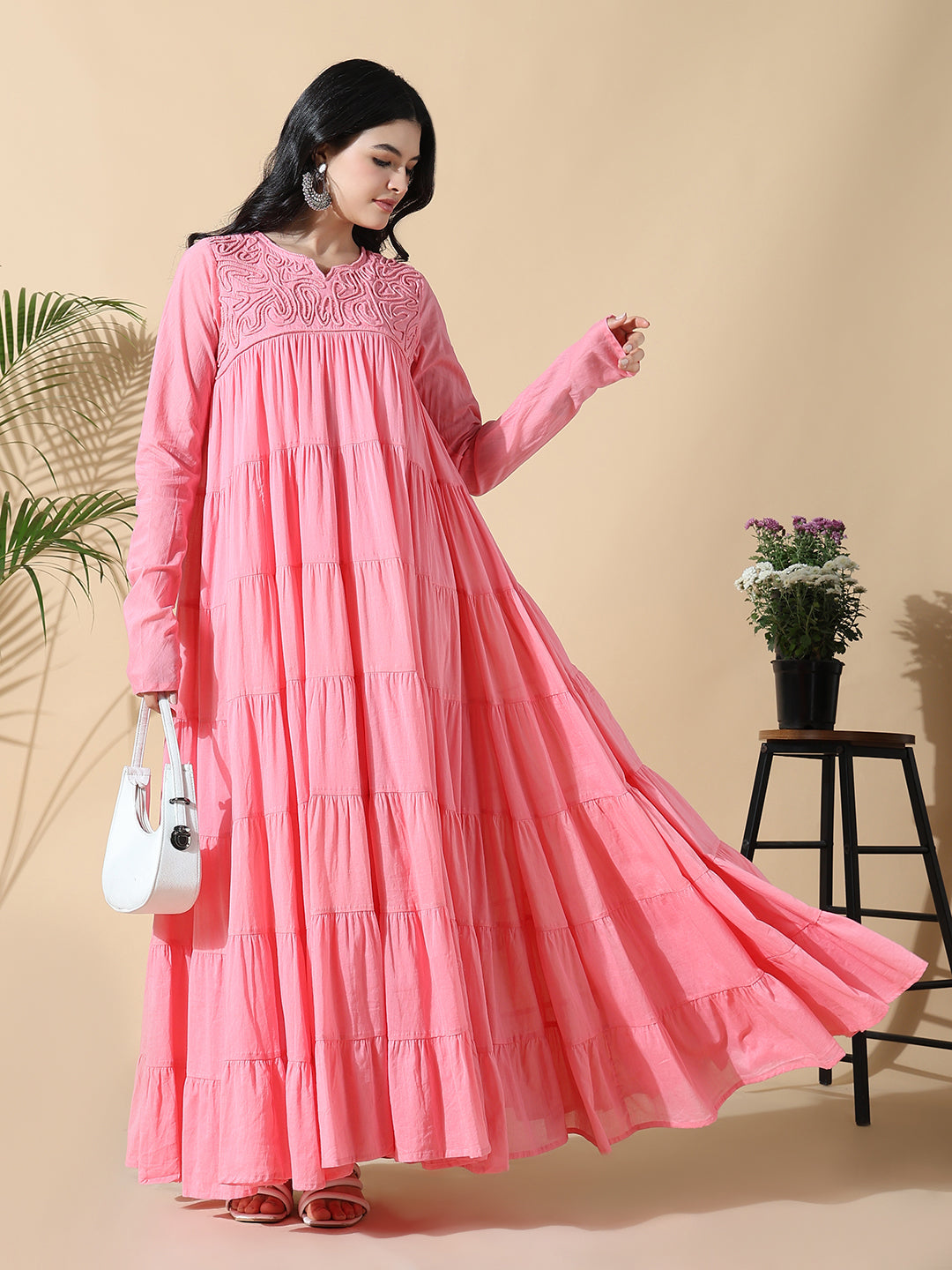 Women Pink Solid Cotton Anarkali Kurta with Inner