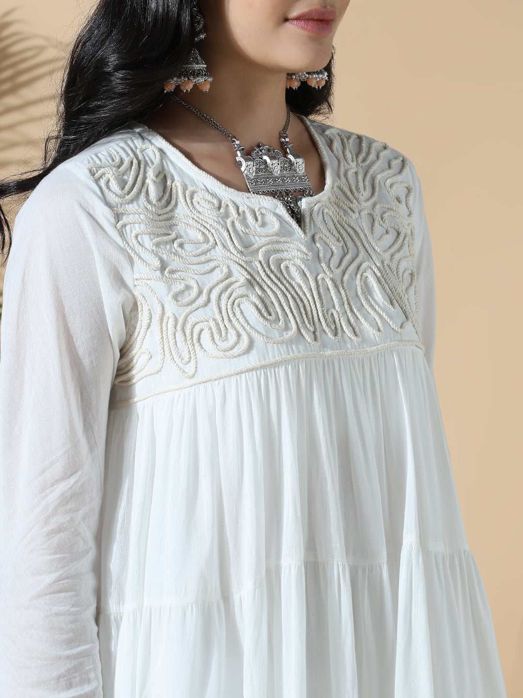 Women White Solid Cotton Anarkali Kurta with Inner