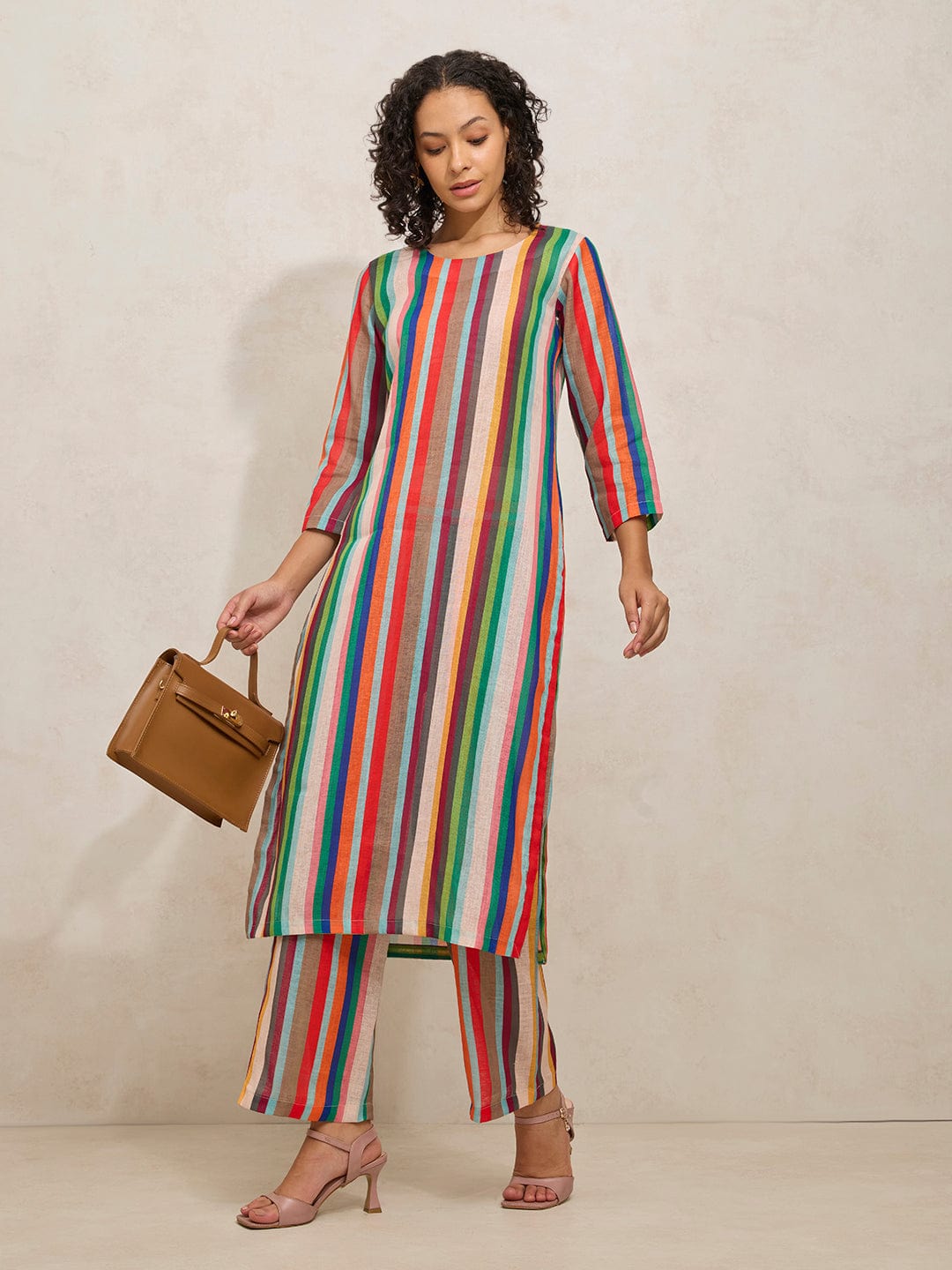 Women's Vertical Stripes Multi Colour Straight Kurta with Pants