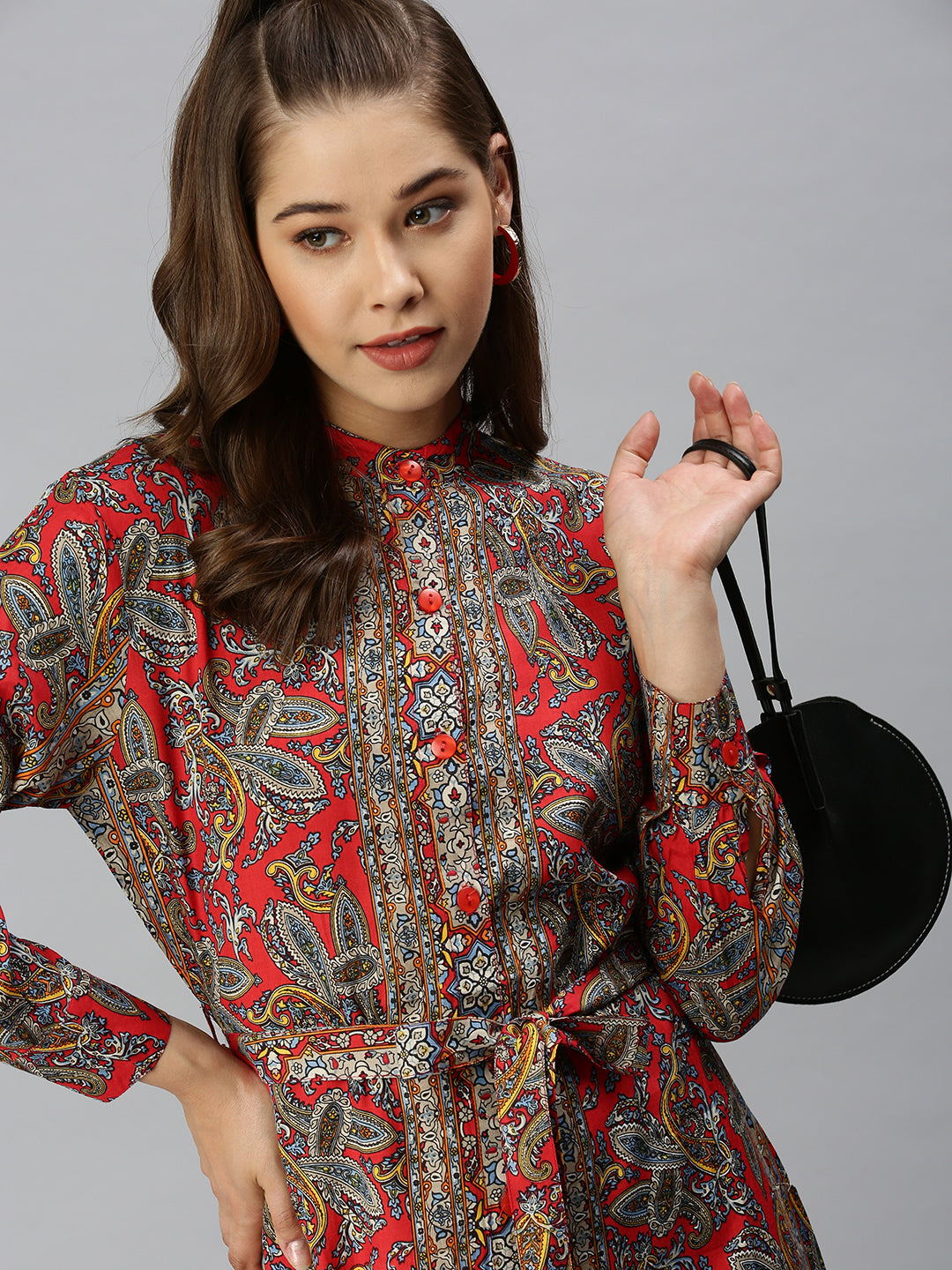 Women Mandarin Collar Printed Shirt Style Red Dress