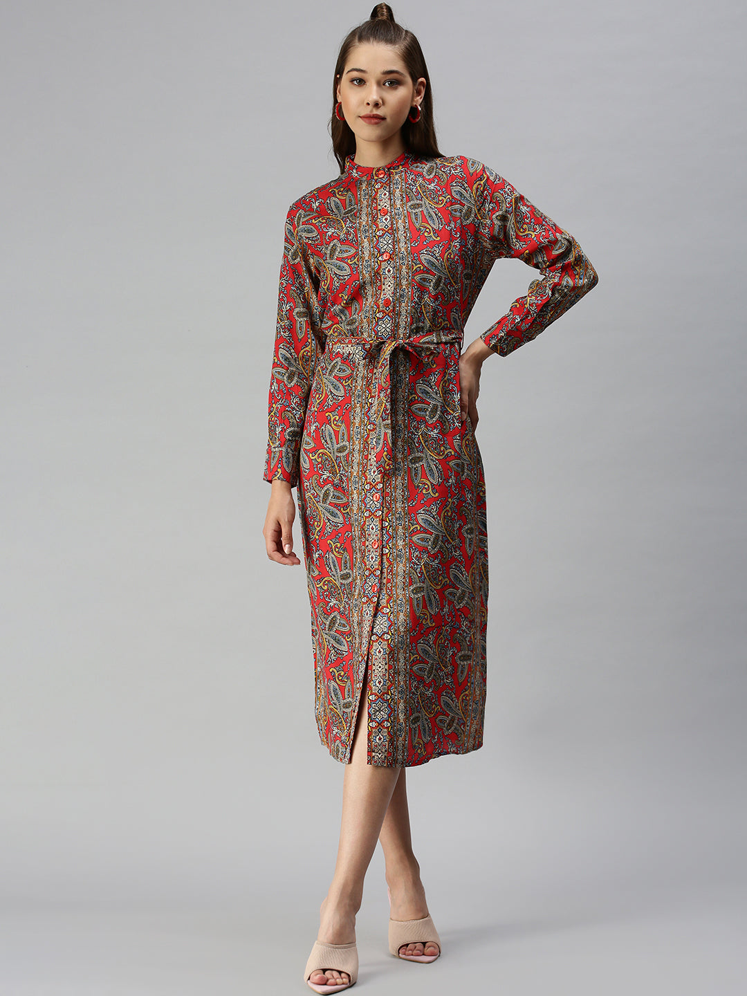 Women Mandarin Collar Printed Shirt Style Red Dress