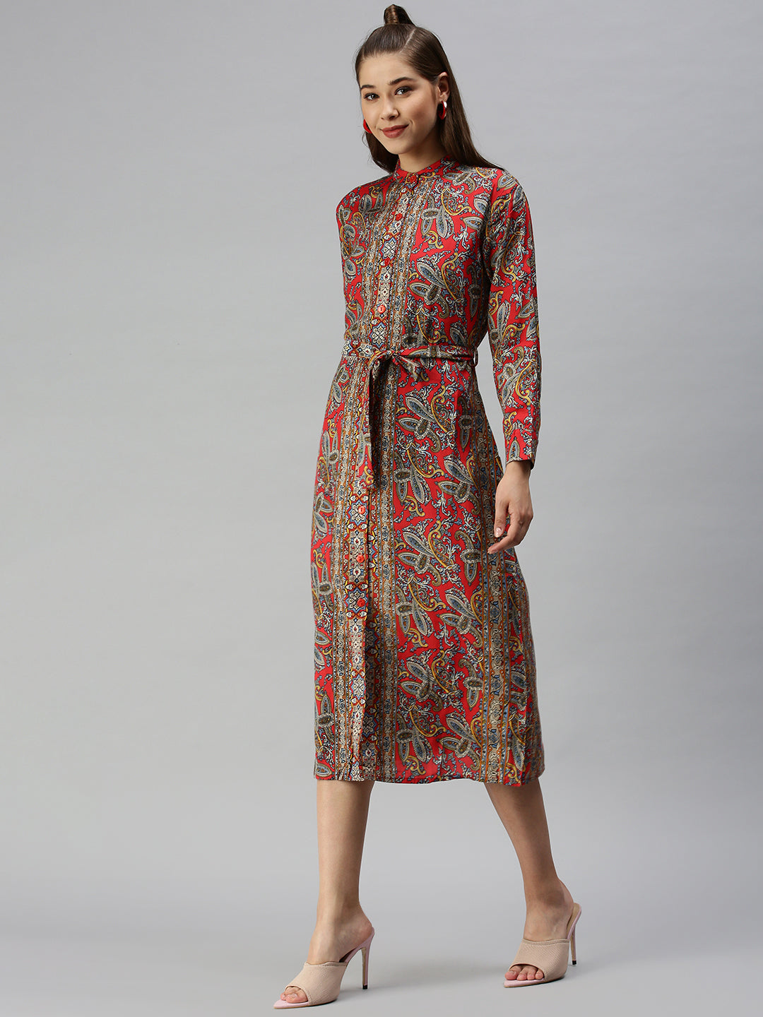 Women Mandarin Collar Printed Shirt Style Red Dress