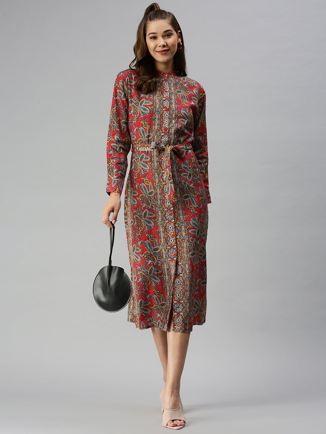 Women Mandarin Collar Printed Shirt Style Red Dress