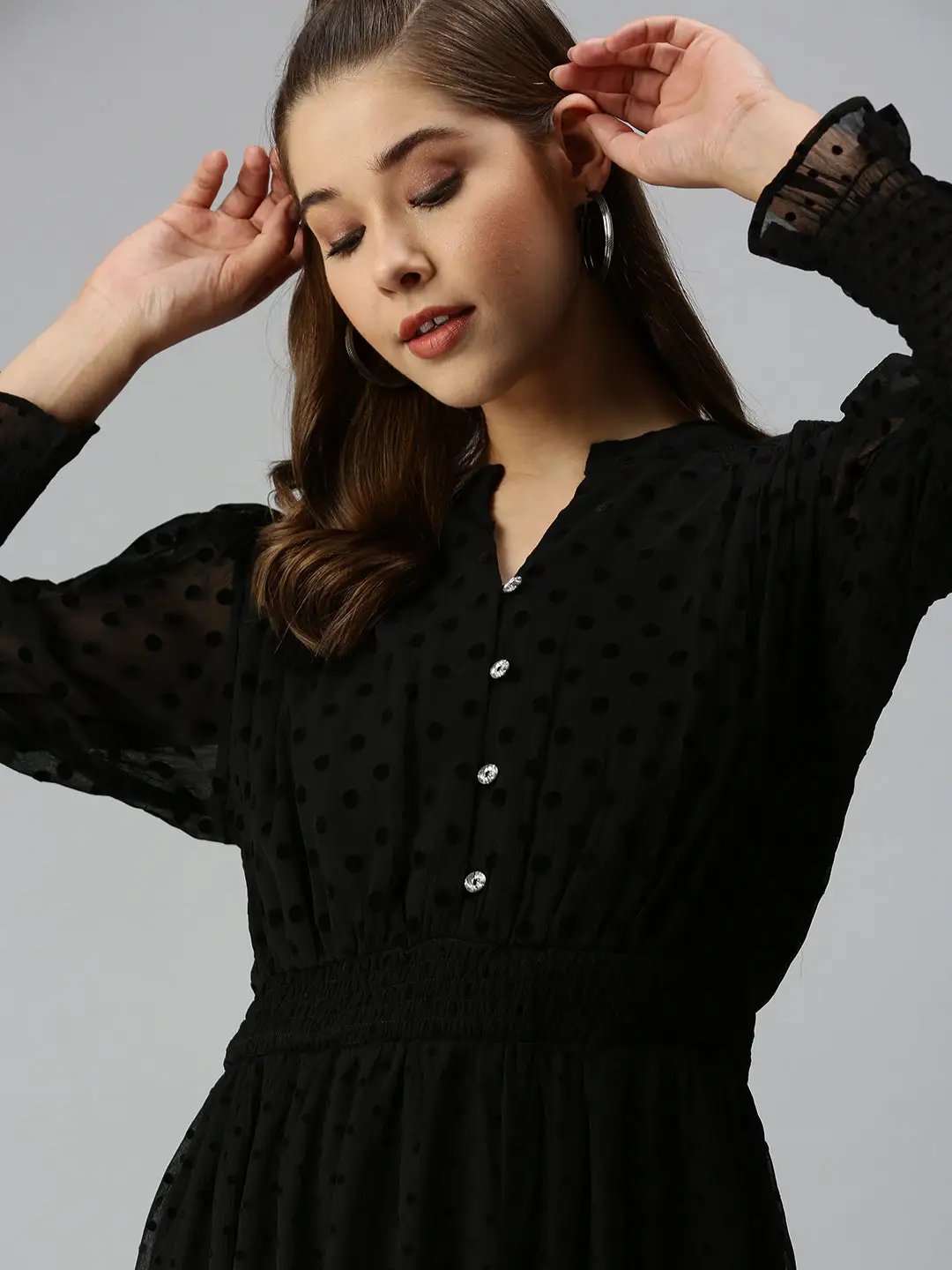 Women's Mandarin Collar Self Design Fit and Flare Black Dress