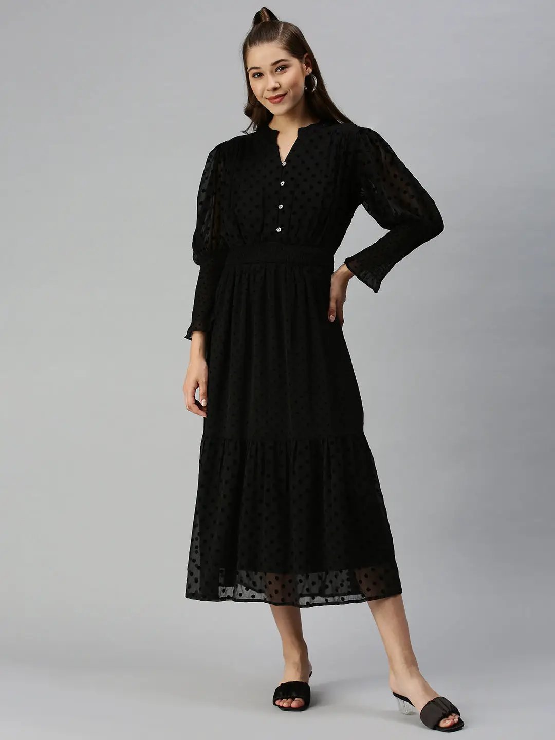 Women's Mandarin Collar Self Design Fit and Flare Black Dress