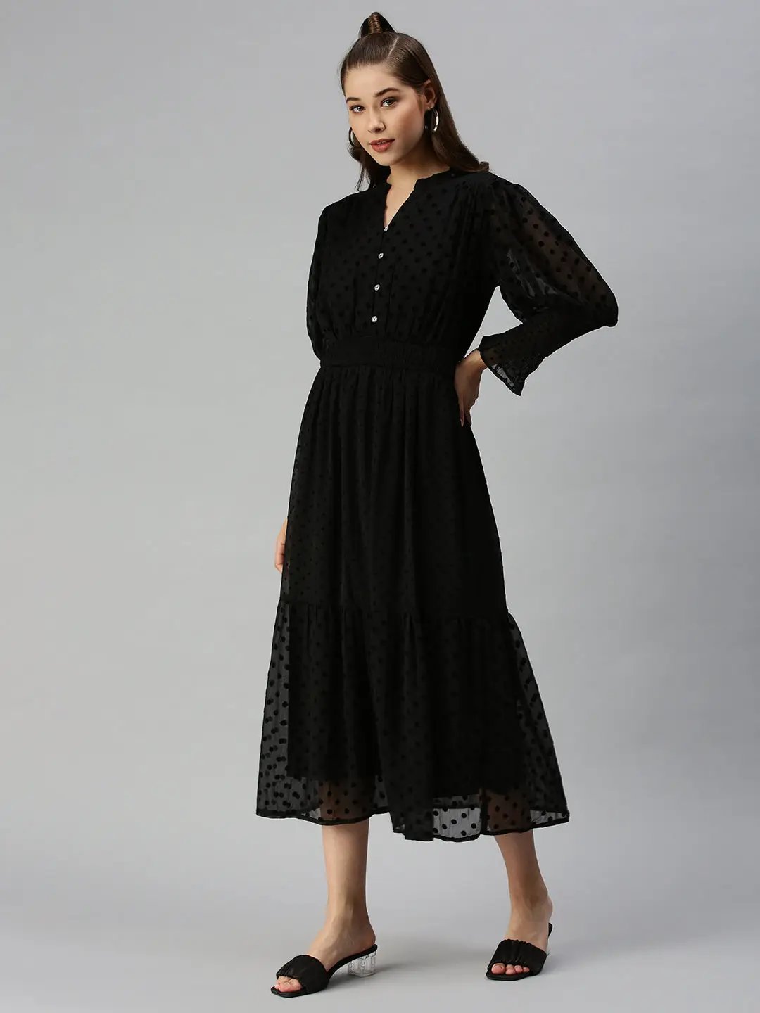 Women's Mandarin Collar Self Design Fit and Flare Black Dress