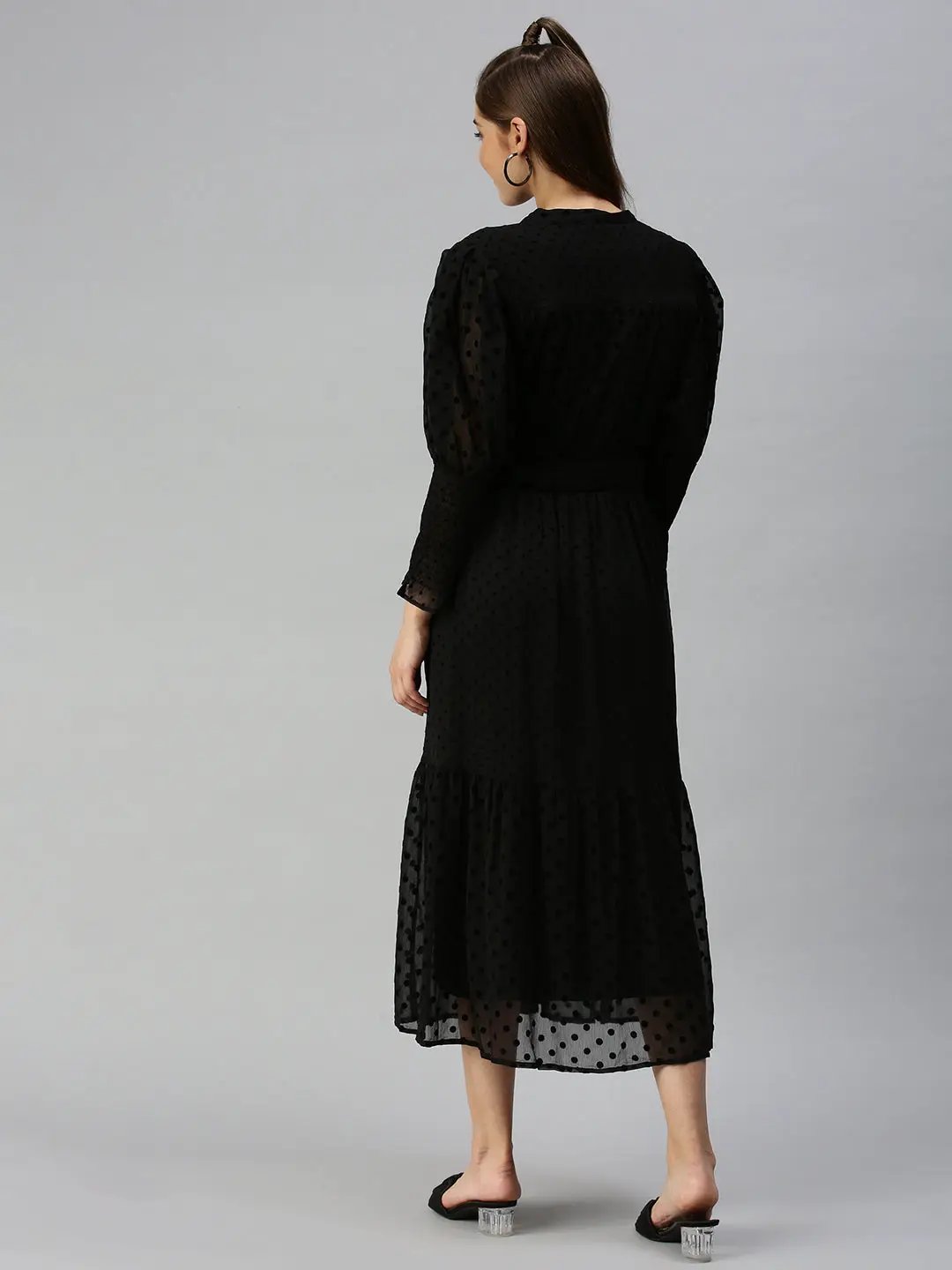 Women's Mandarin Collar Self Design Fit and Flare Black Dress