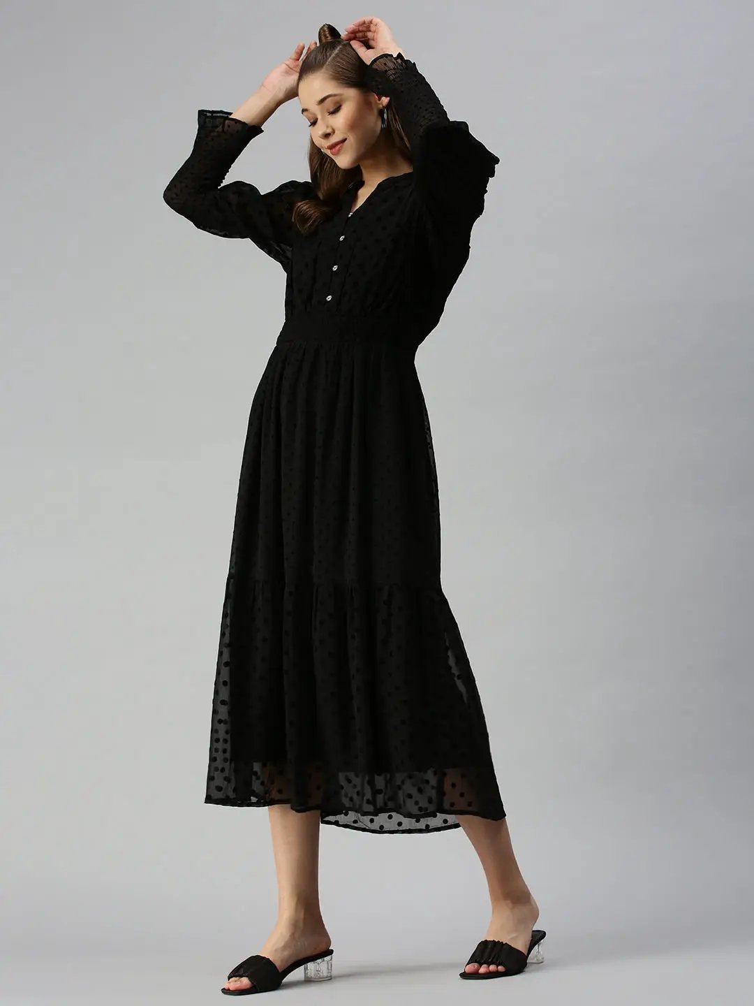 Women's Mandarin Collar Self Design Fit and Flare Black Dress