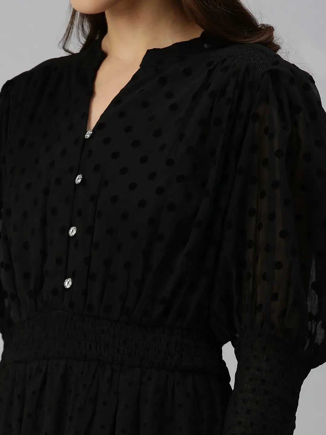 Women's Mandarin Collar Self Design Fit and Flare Black Dress