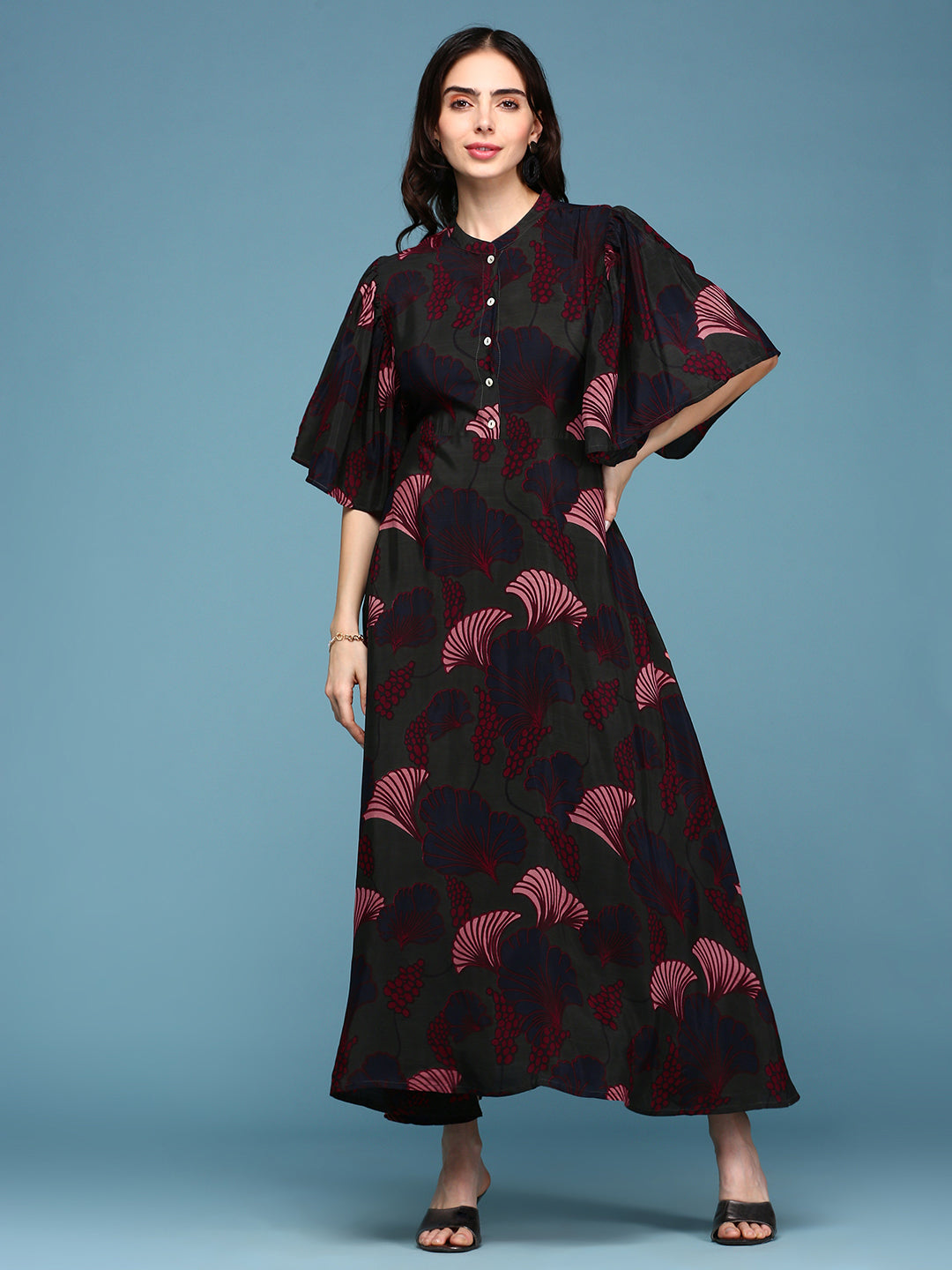 Women Mandarin Collar Printed Empire Green Dress