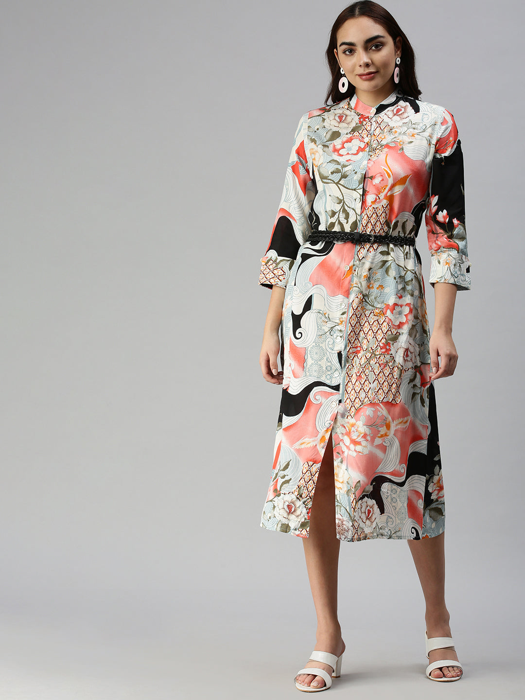 Women Mandarin Collar Printed Shirt Style Multi Dress