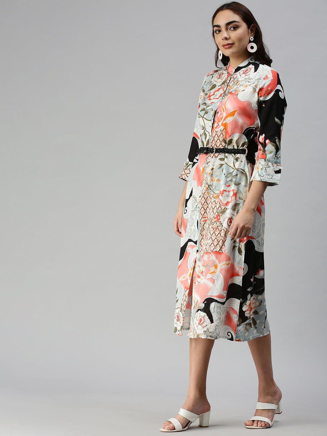 Women Mandarin Collar Printed Shirt Style Multi Dress