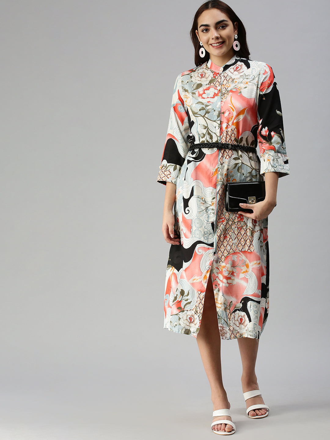 Women Mandarin Collar Printed Shirt Style Multi Dress