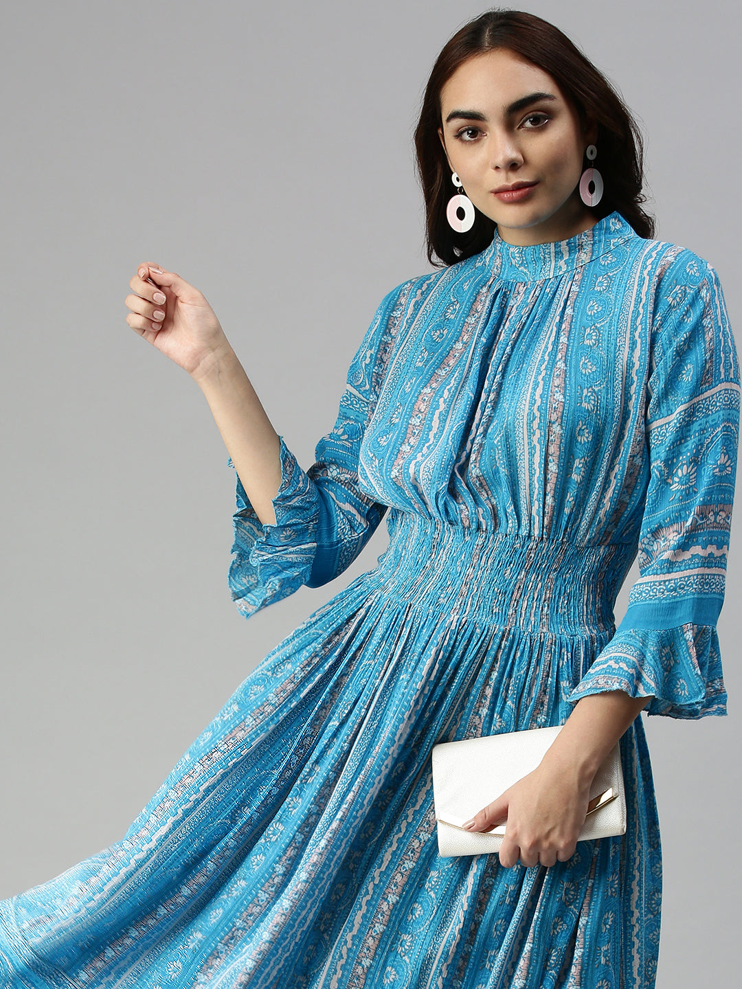 Women Printed Fit and Flare Turquoise Blue Dress