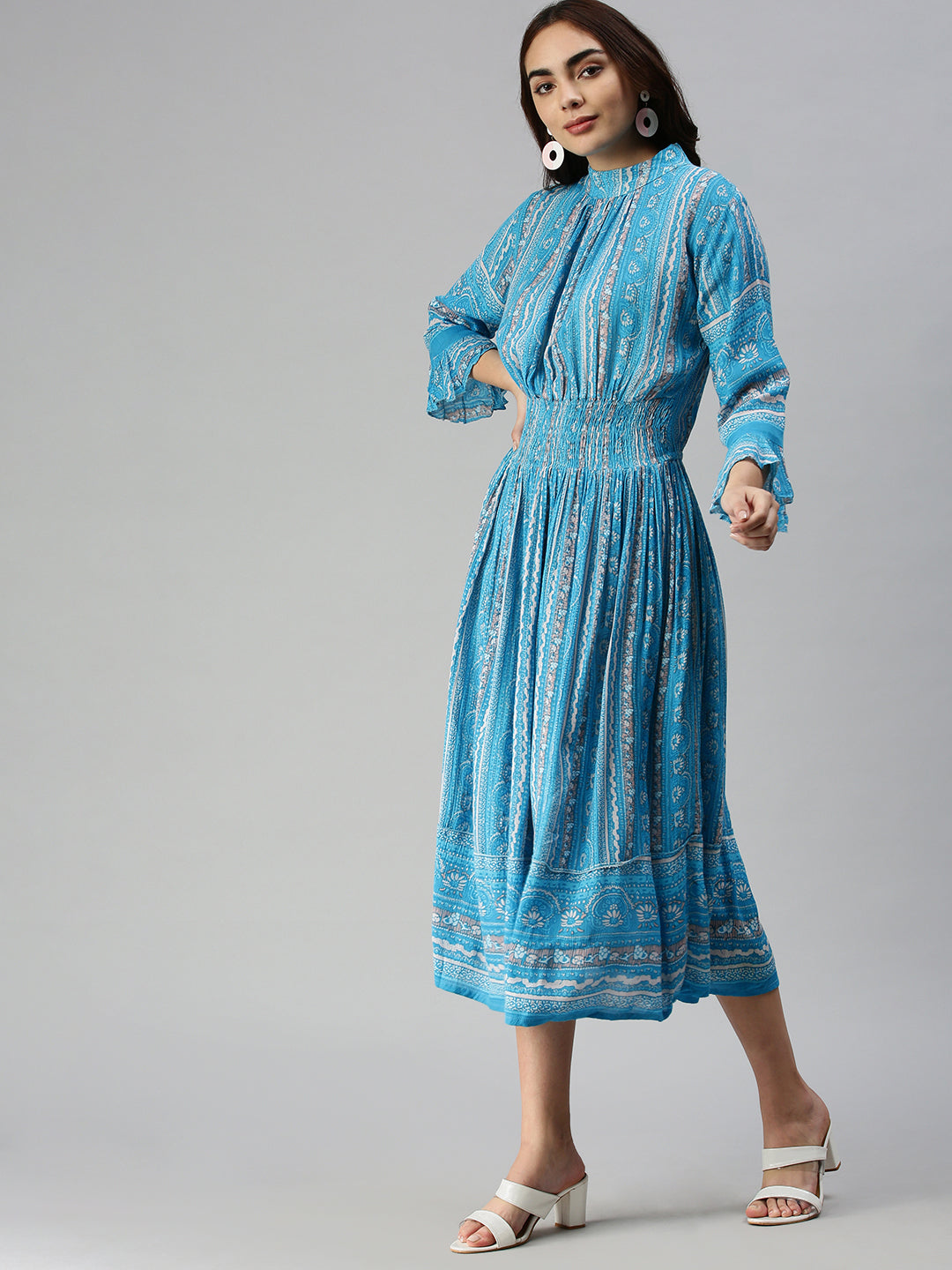 Women Printed Fit and Flare Turquoise Blue Dress