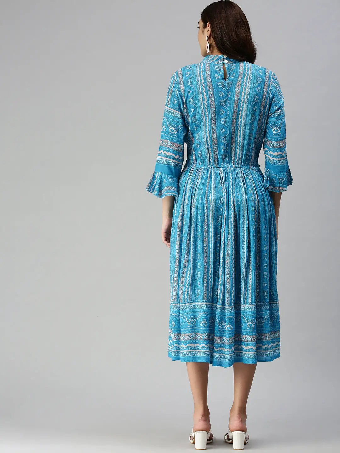 Women's Printed Fit and Flare Turquoise Blue Dress