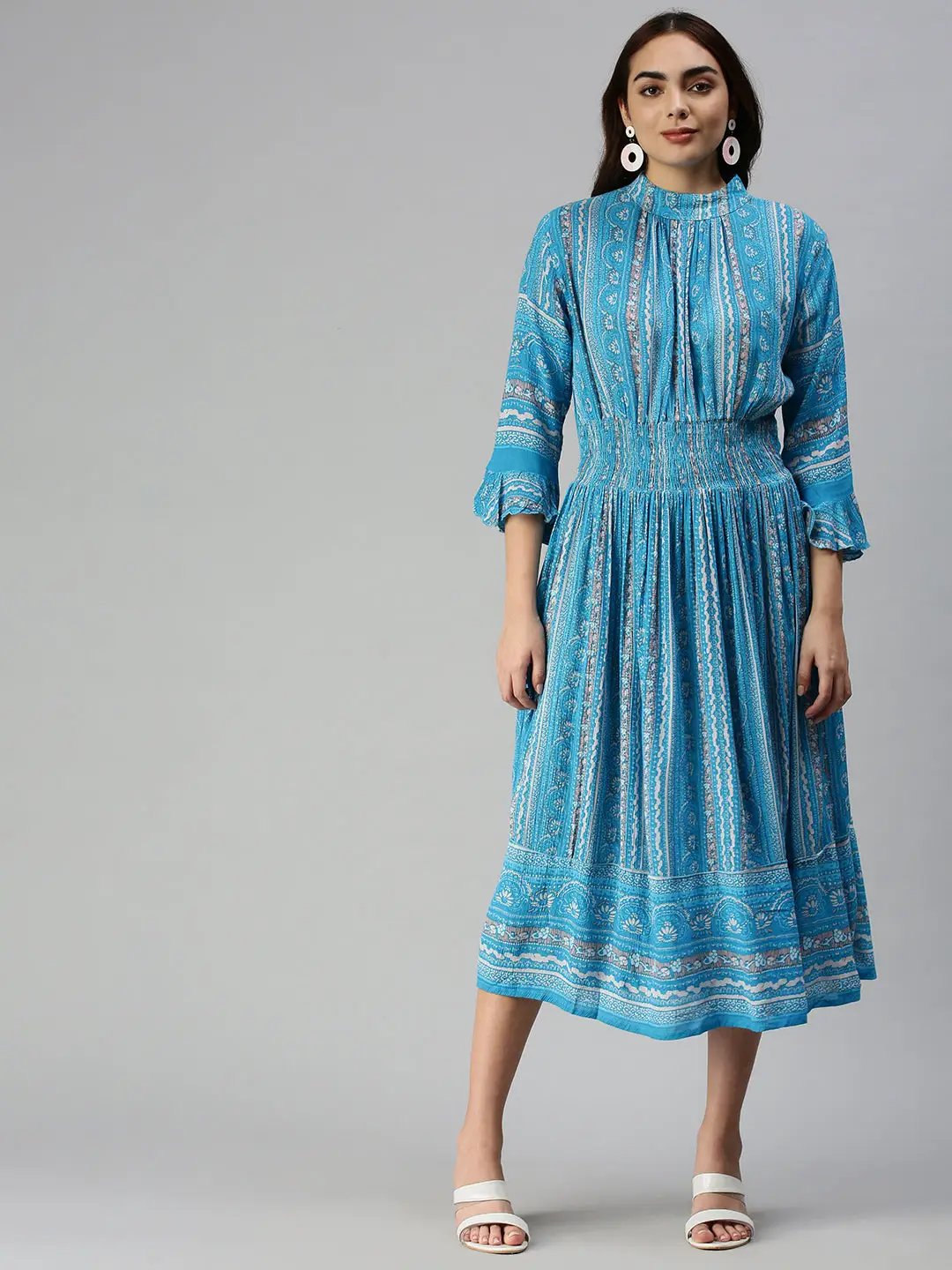 Women's Printed Fit and Flare Turquoise Blue Dress