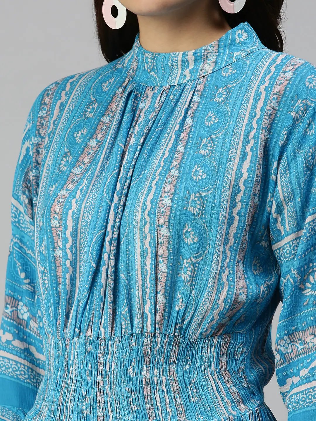 Women's Printed Fit and Flare Turquoise Blue Dress