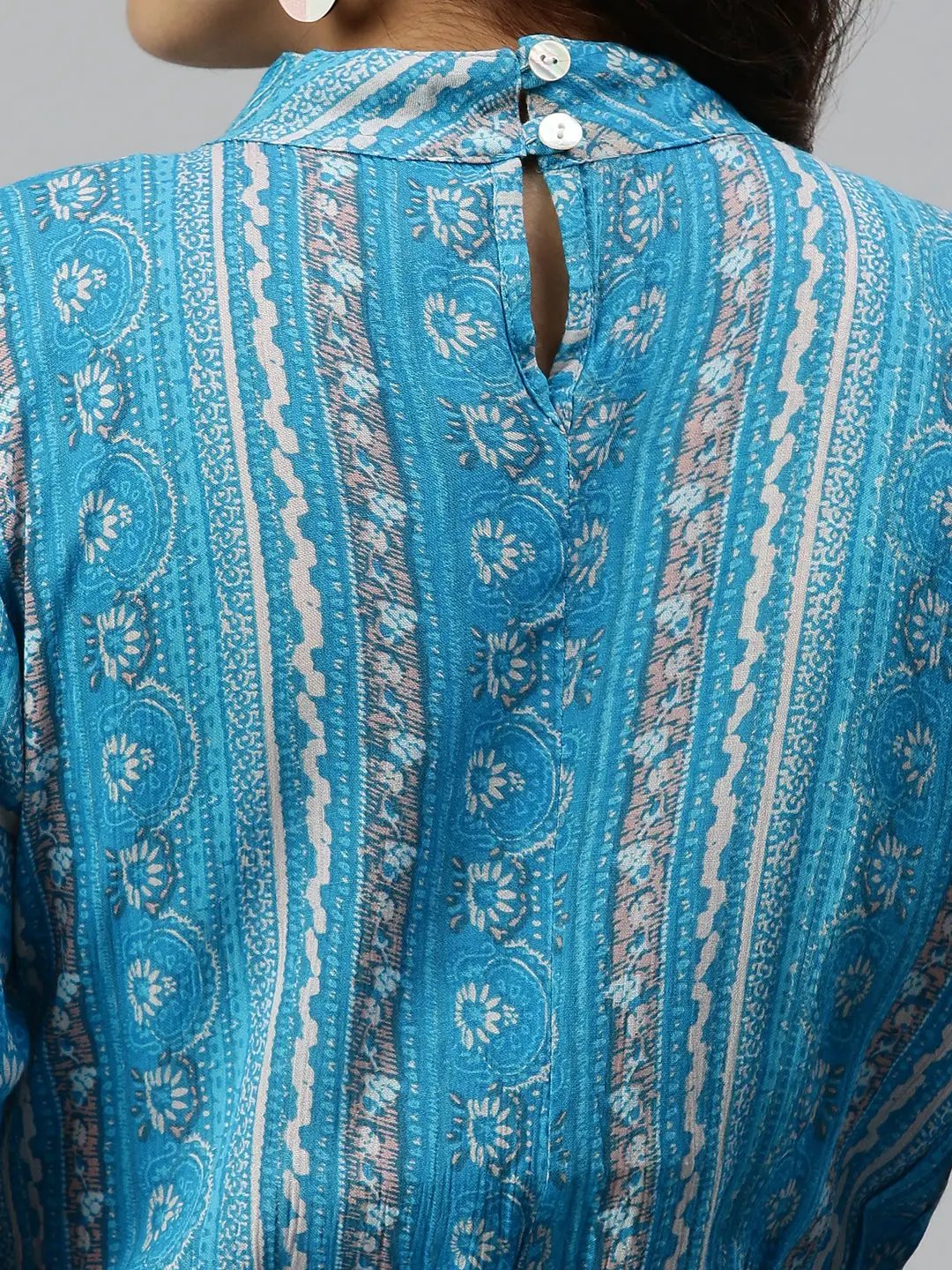 Women's Printed Fit and Flare Turquoise Blue Dress