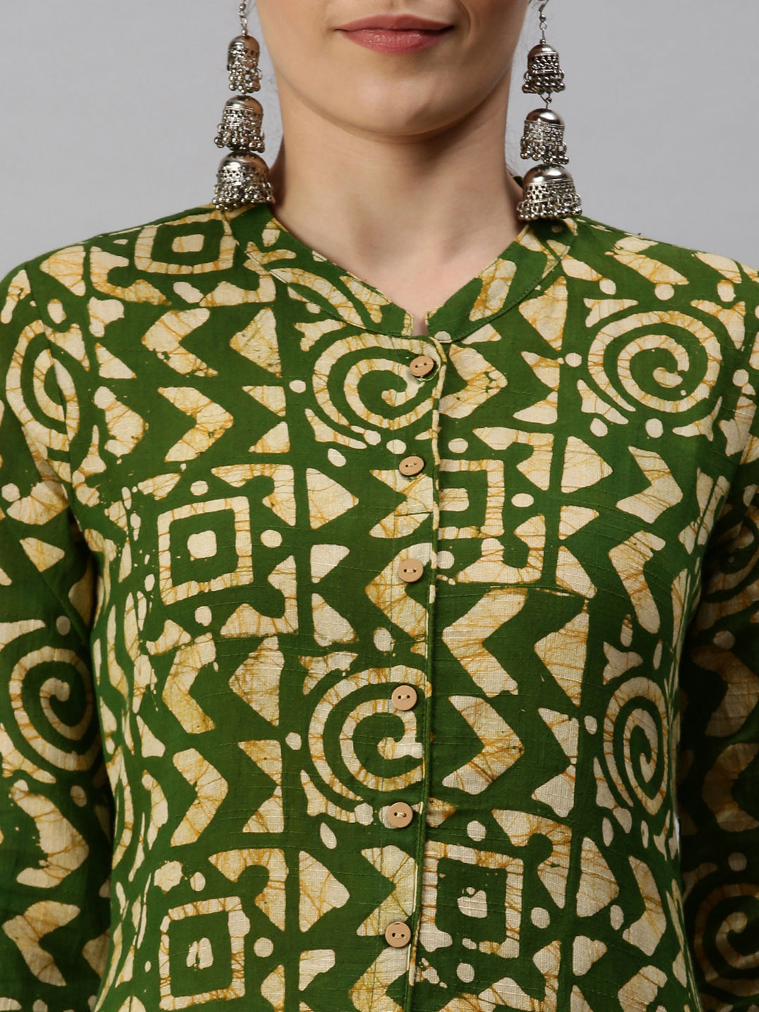 Women Mandarin Collar Printed Green A-Line Kurta