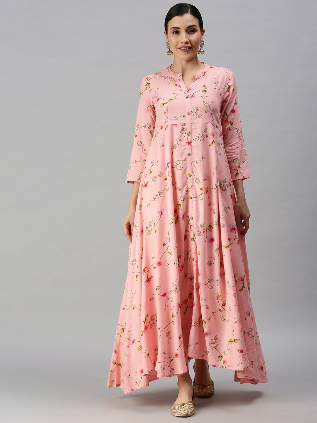 Women Mandarin Collar Printed Pink Anarkali Kurta