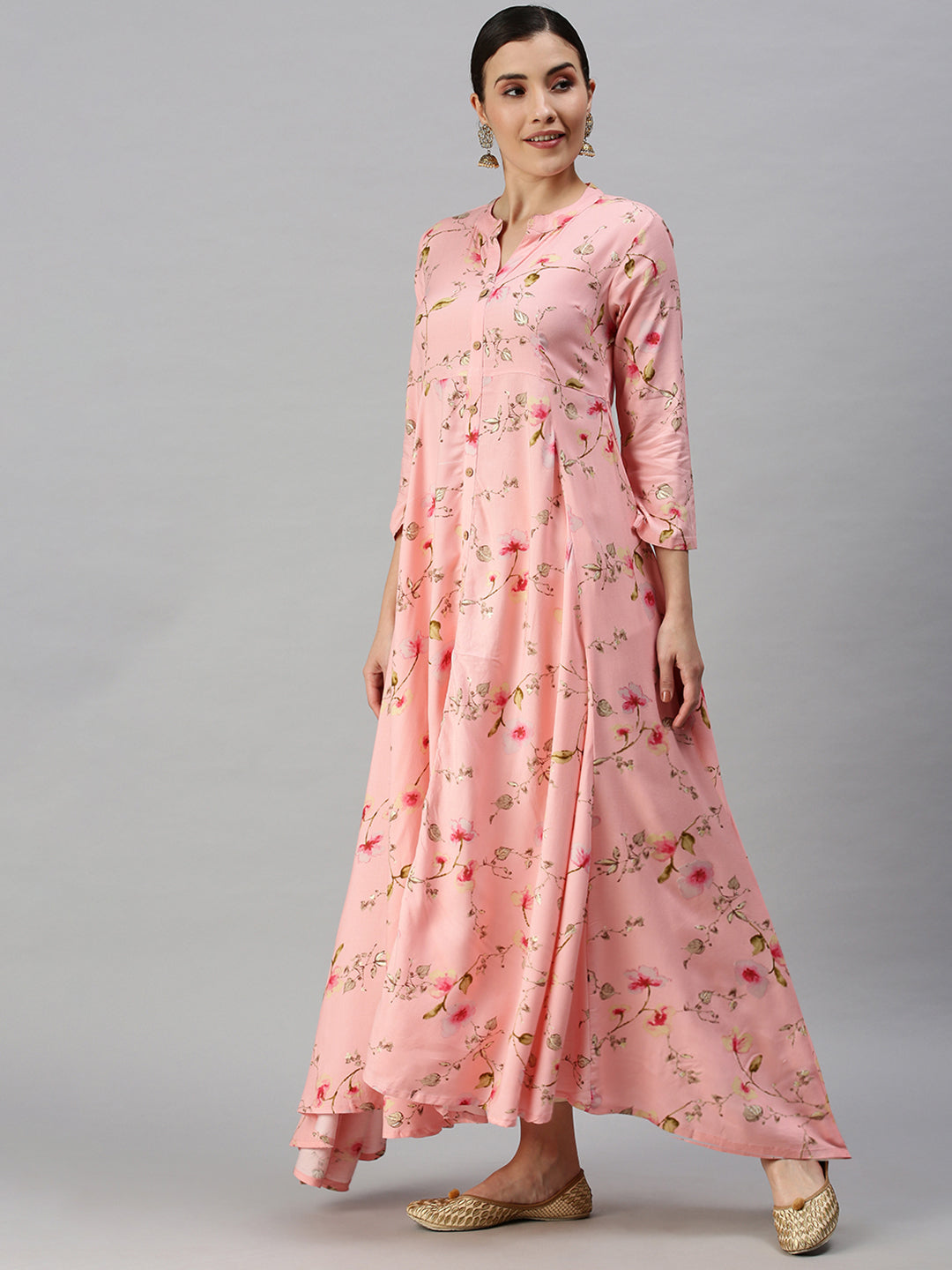 Women Mandarin Collar Printed Pink Anarkali Kurta