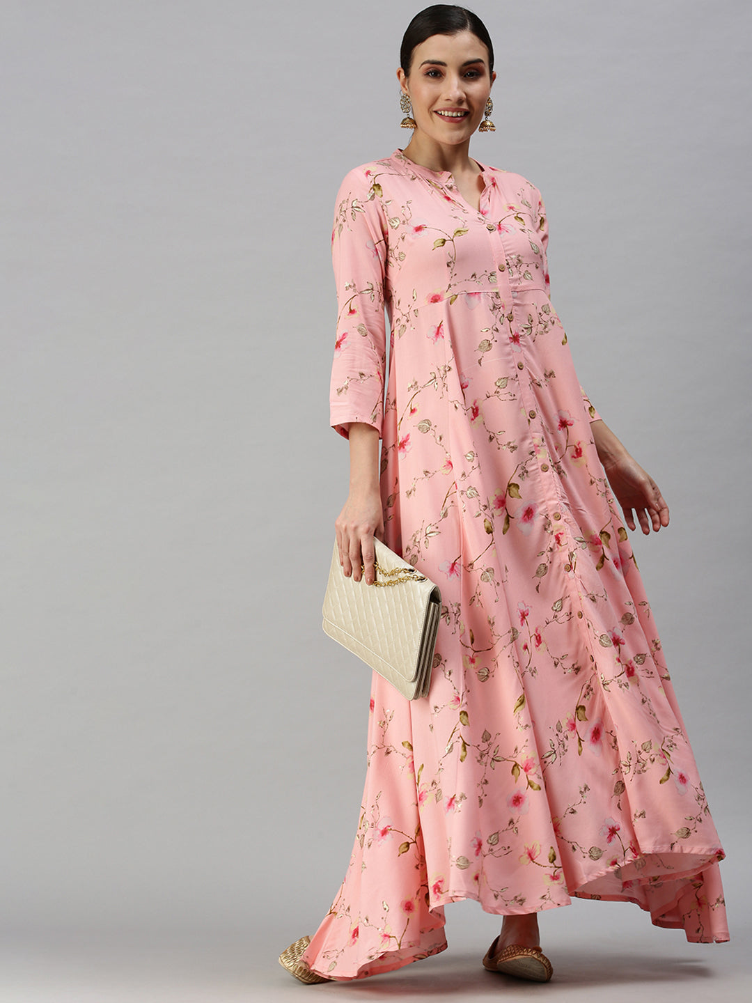 Women Mandarin Collar Printed Pink Anarkali Kurta