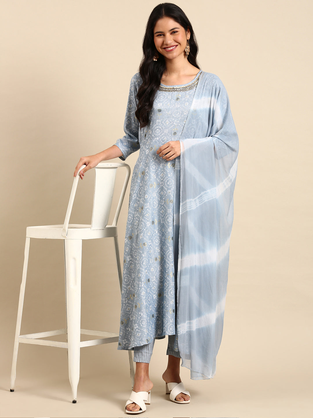 Women Floral Blue A-Line Kurta Set with Dupatta