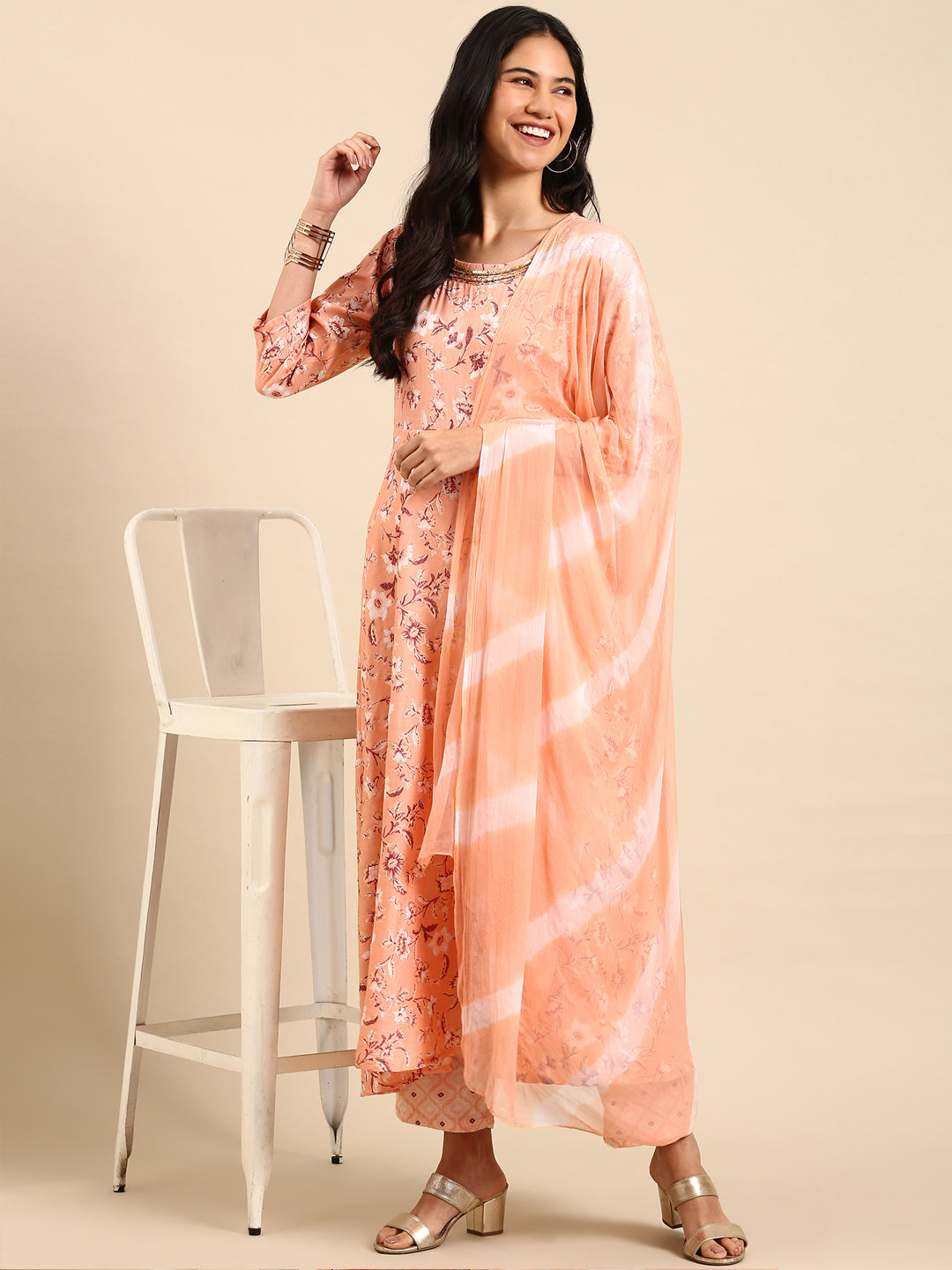 Women Floral Peach A-Line Kurta Set with Dupatta