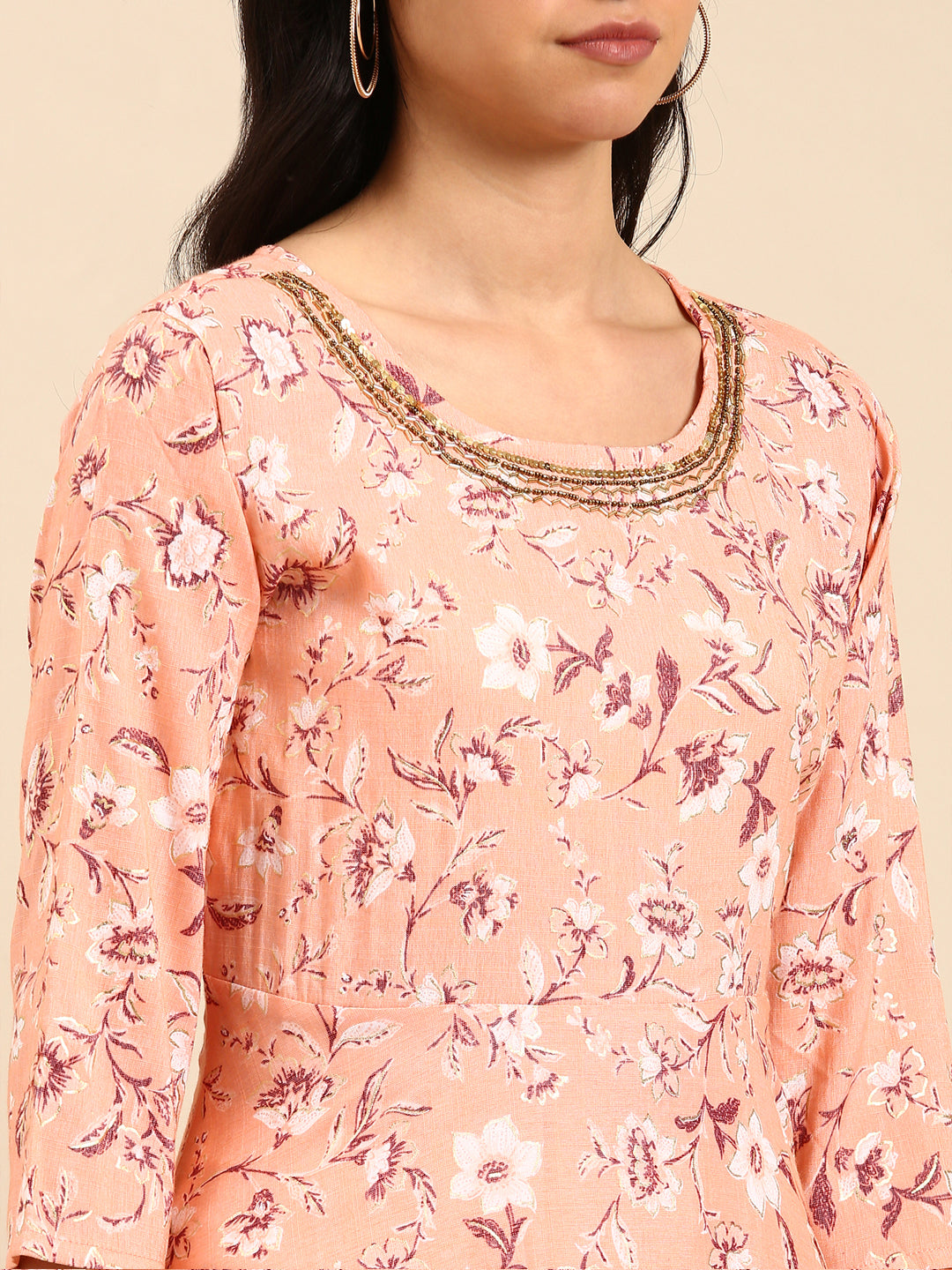 Women Floral Peach A-Line Kurta Set with Dupatta