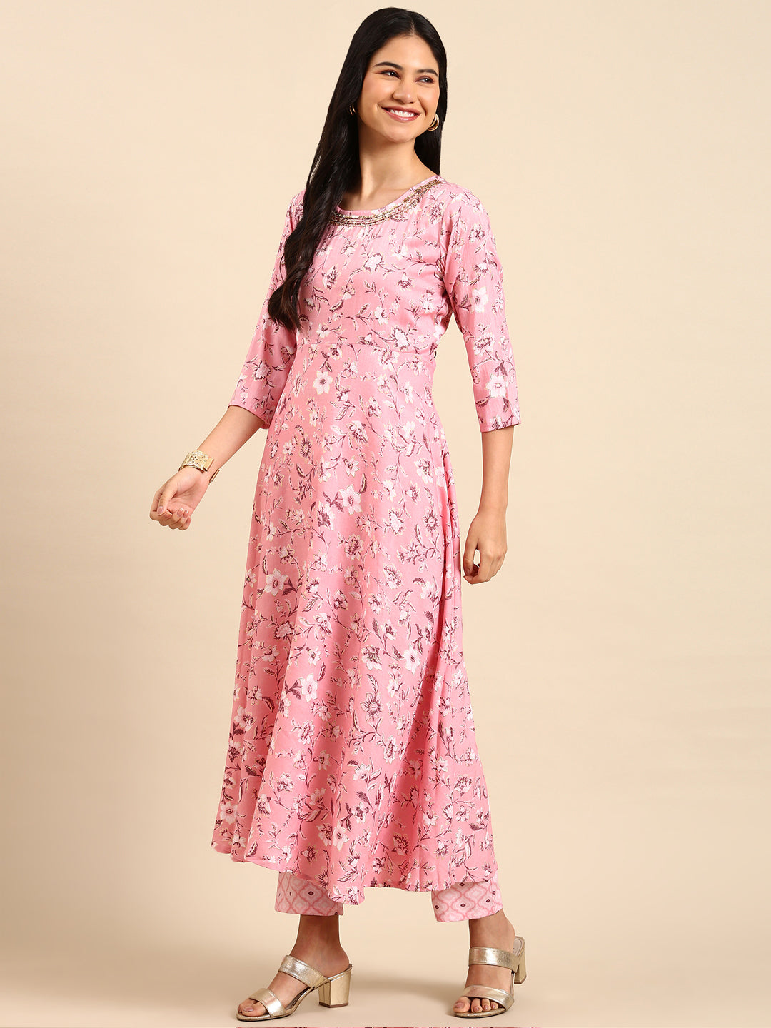 Women Floral Pink A-Line Kurta Set with Dupatta