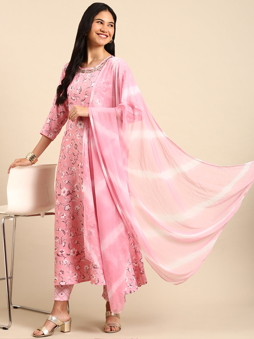 Women Floral Pink A-Line Kurta Set with Dupatta