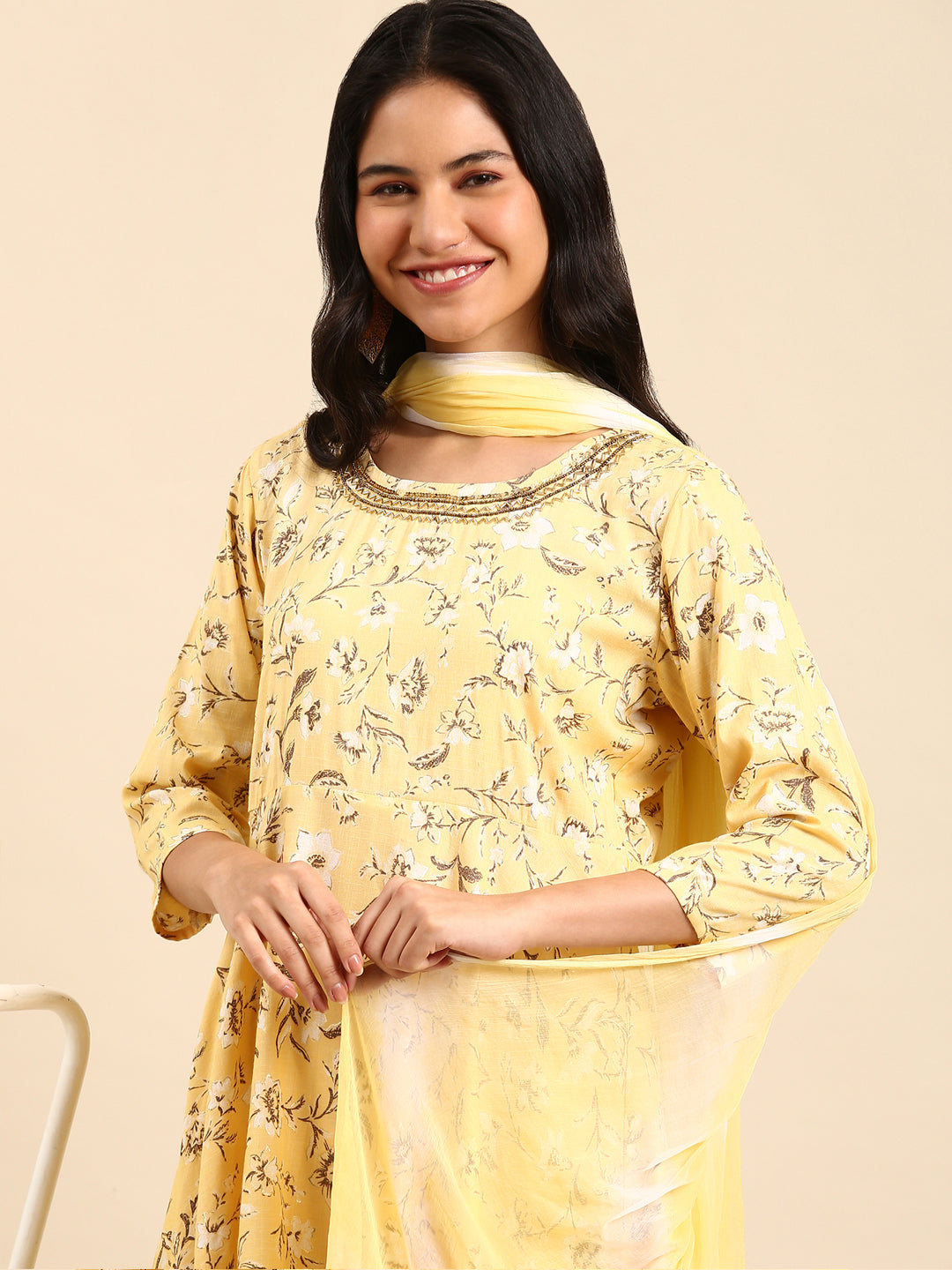 Women Floral Yellow A-Line Kurta Set with Dupatta