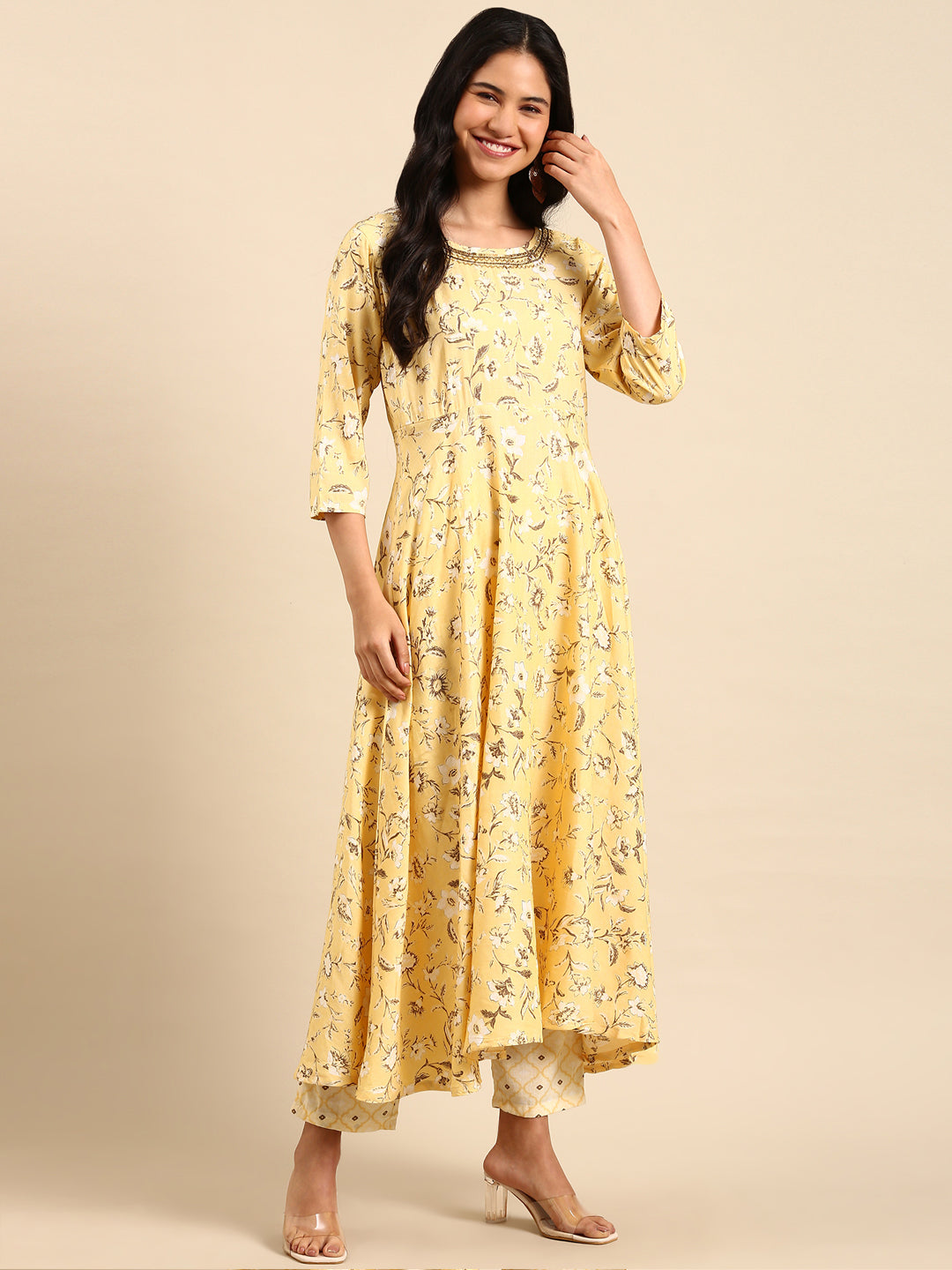 Women Floral Yellow A-Line Kurta Set with Dupatta